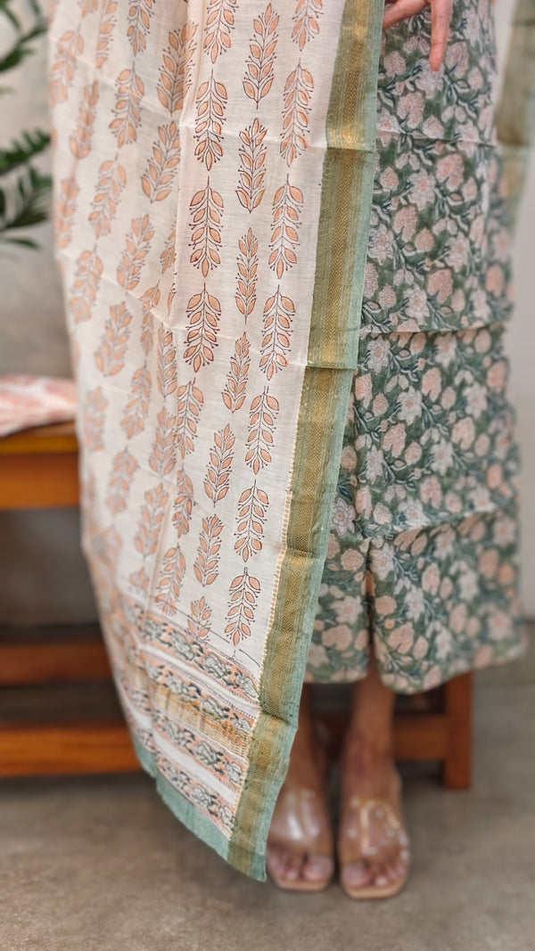 Teal green and off whit Block printed maheshwari suit