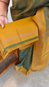 Moss green and mustard block printed kanchipuram saree