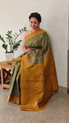 Moss green and mustard block printed kanchipuram saree