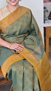 Moss green and mustard block printed kanchipuram saree