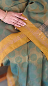 Moss green and mustard block printed kanchipuram saree