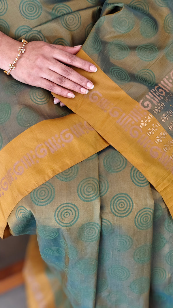 Moss green and mustard block printed kanchipuram saree