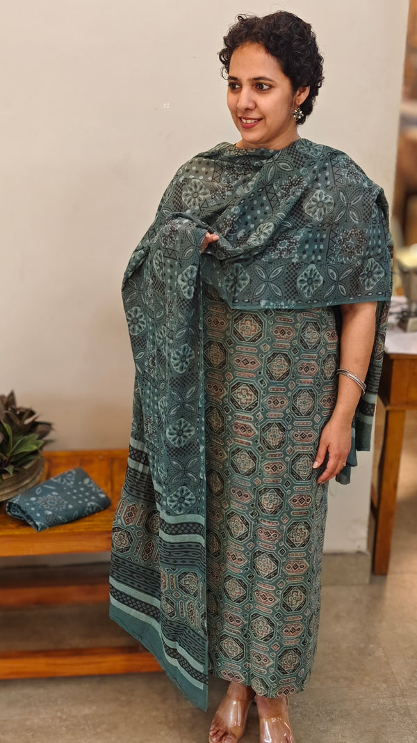 Teal and green ajrakh printed cotton suit - 86GTR