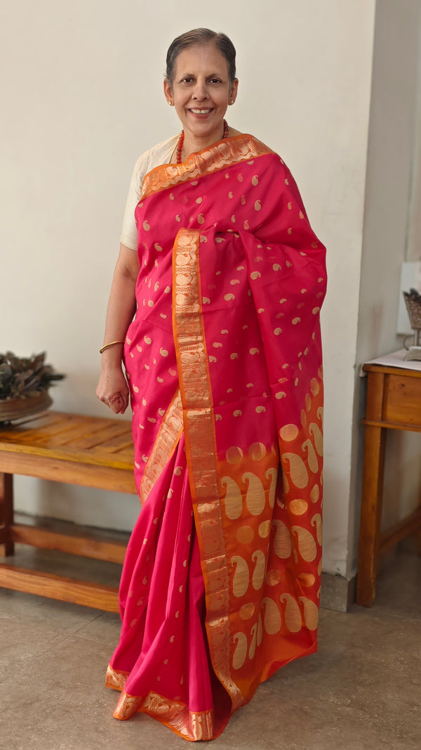 Red and mustard kanchipuram silk saree