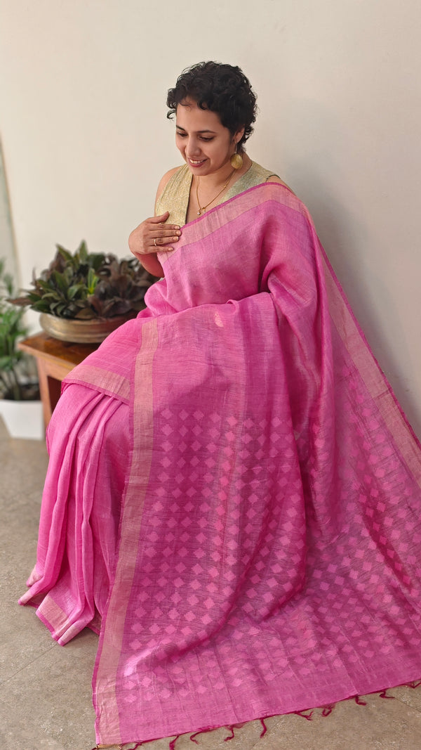Pink pure linen silksaree