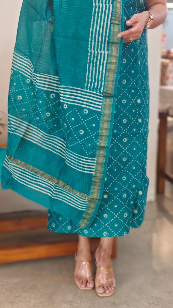 Green block printed maheshwari suit