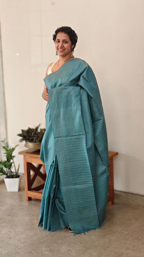 Teal bluetussar silk saree -AD433