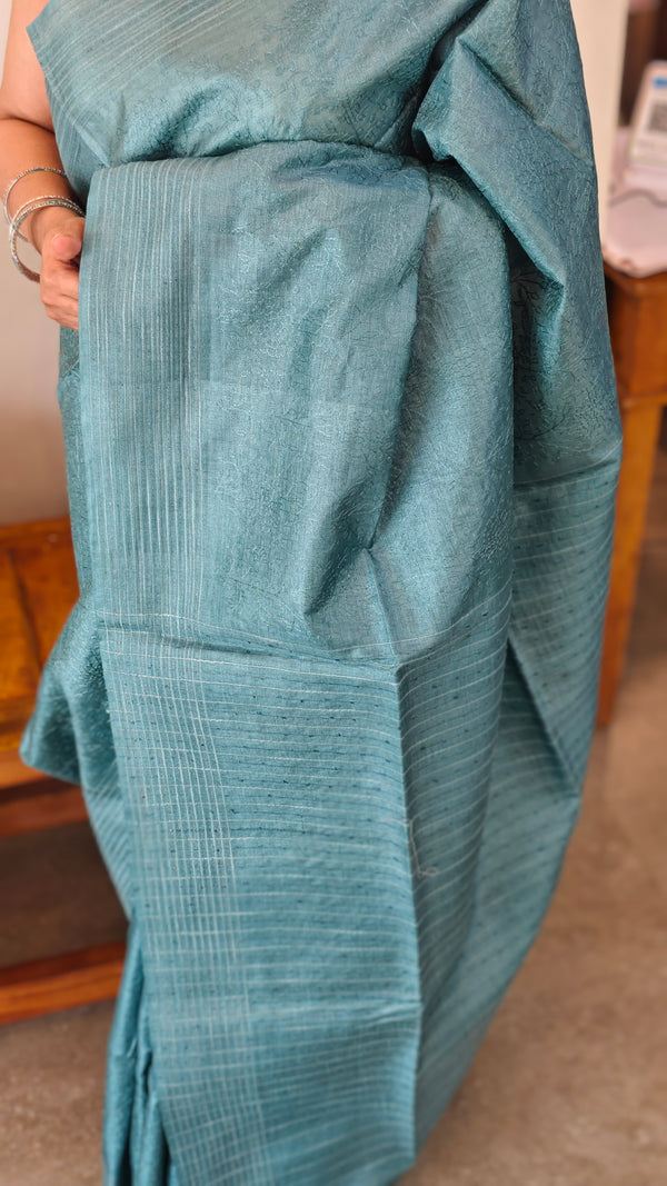 Teal bluetussar silk saree -AD433