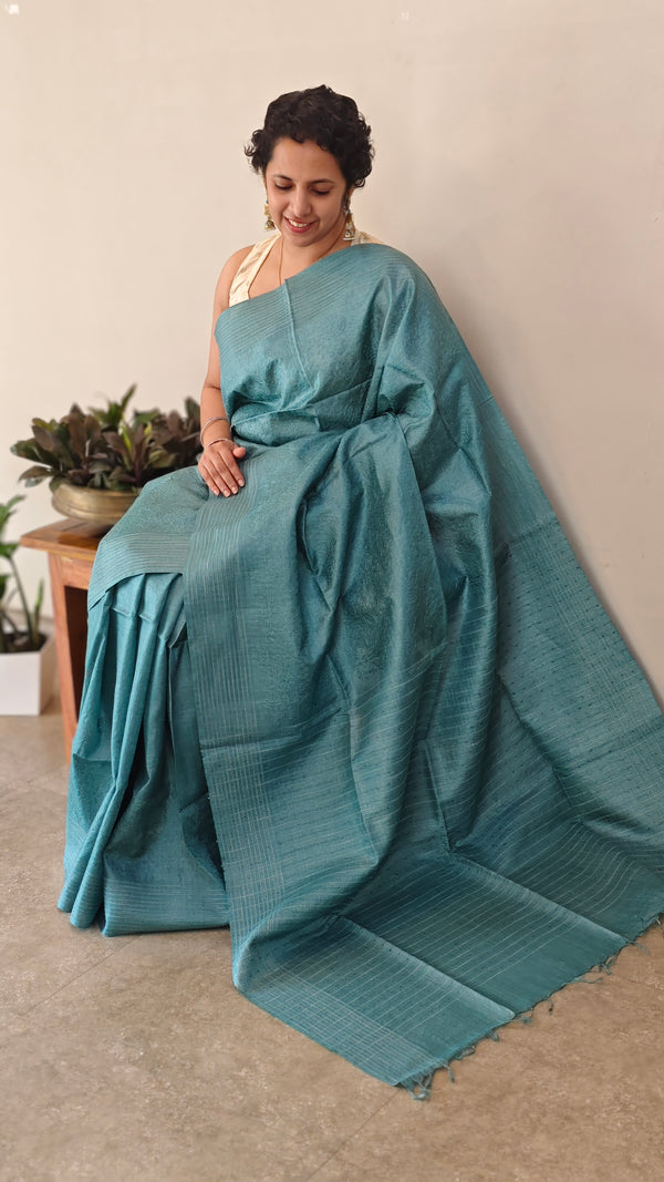 Teal bluetussar silk saree -AD433
