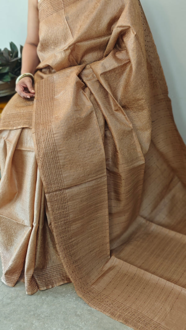 Chocolate brown tussar silk saree -AD433
