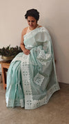 Teal green cotton applique on organdy saree