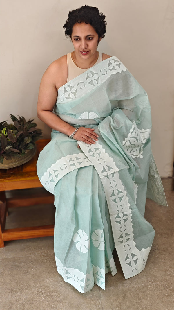 Teal green cotton applique on organdy saree