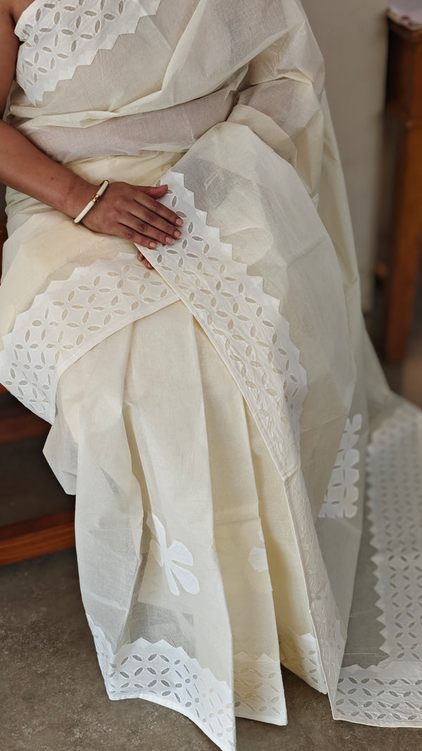 Cream shade - Cotton applique on organdy saree
