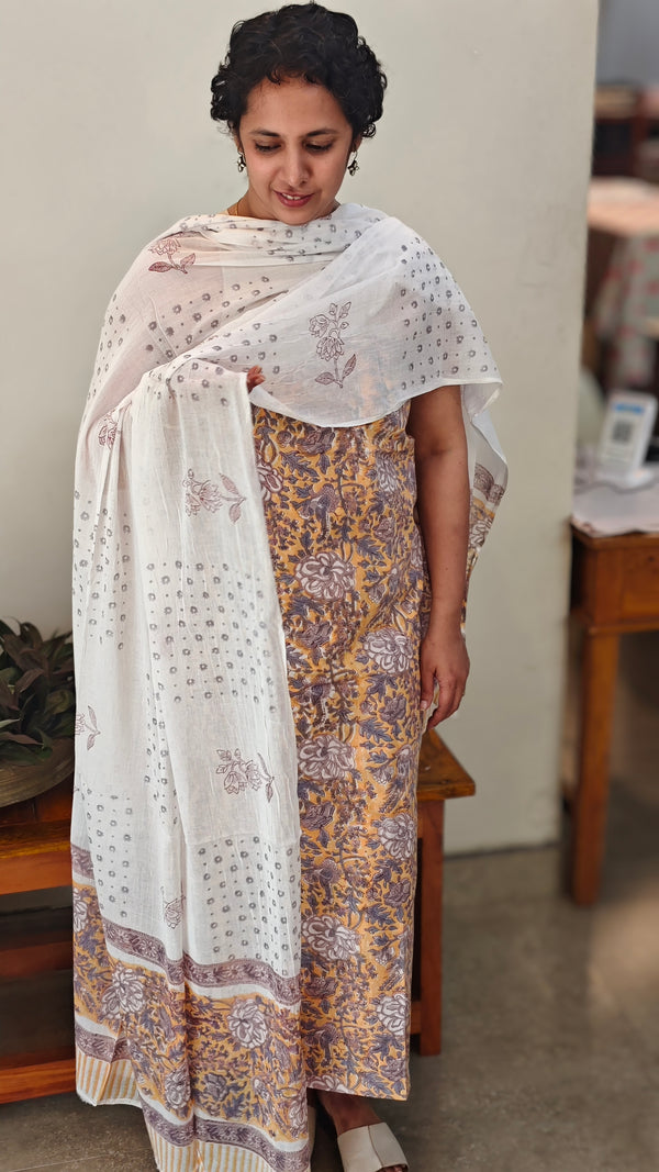 Mustard and off white block printed cotton suit