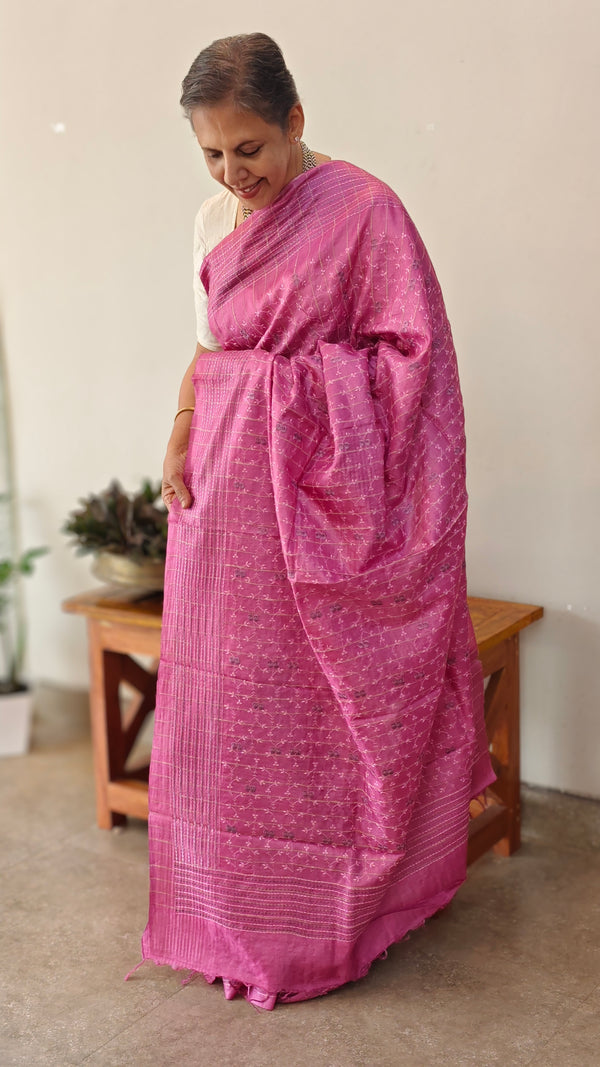 Pink embroidered tussar silk saree -TBR10