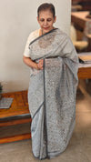 Grey block printed net kota saree