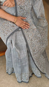 Grey block printed net kota saree