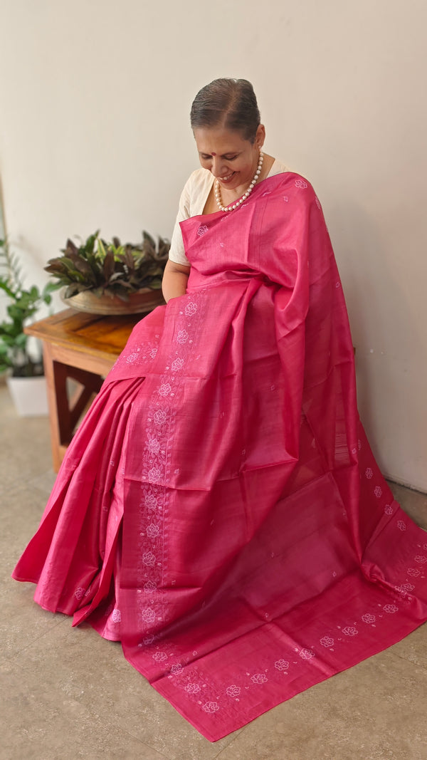 Pink desi tussar cross stitch embroidered saree - GY349