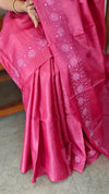 Pink desi tussar cross stitch embroidered saree - GY349