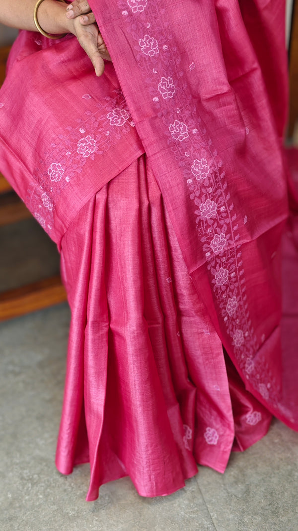 Pink desi tussar cross stitch embroidered saree - GY349