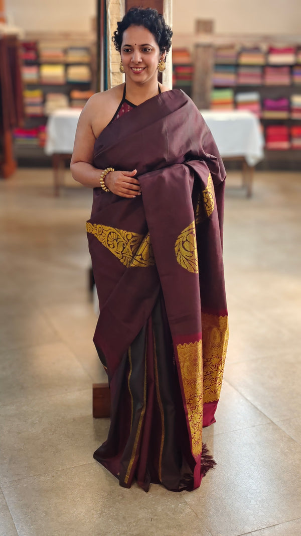 Maroon and brown kanchipuram saree