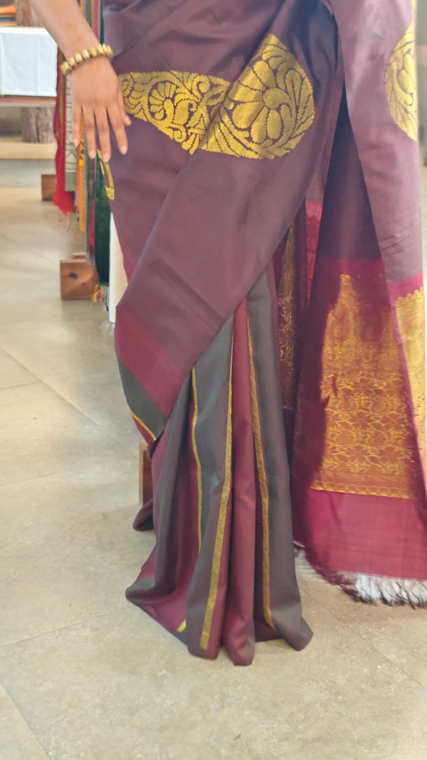 Maroon and brown kanchipuram saree