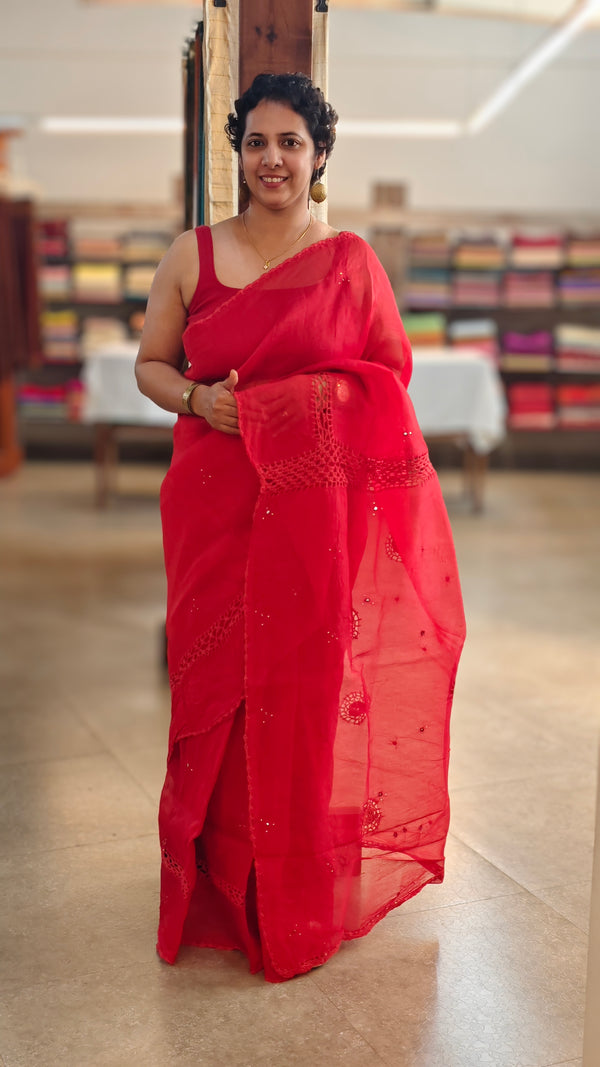 Crimson red kota saree with crochet
