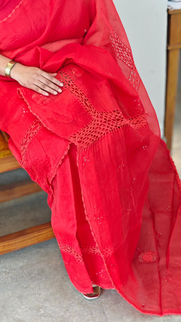 Crimson red kota saree with crochet