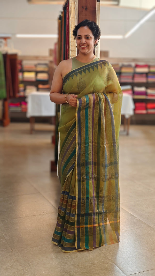 Olive green kota silk saree
