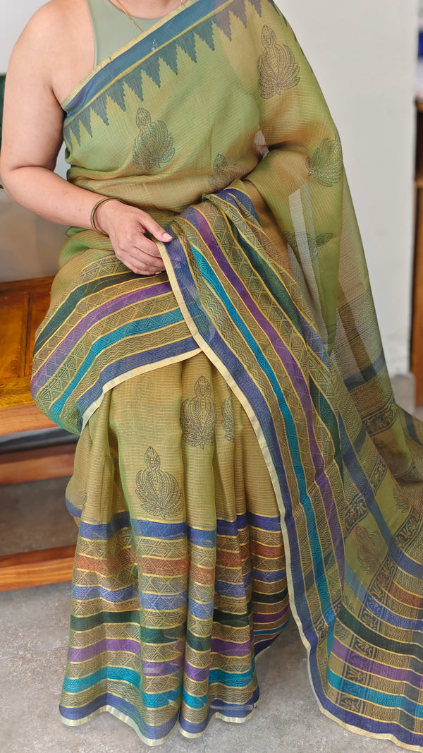 Olive green kota silk saree
