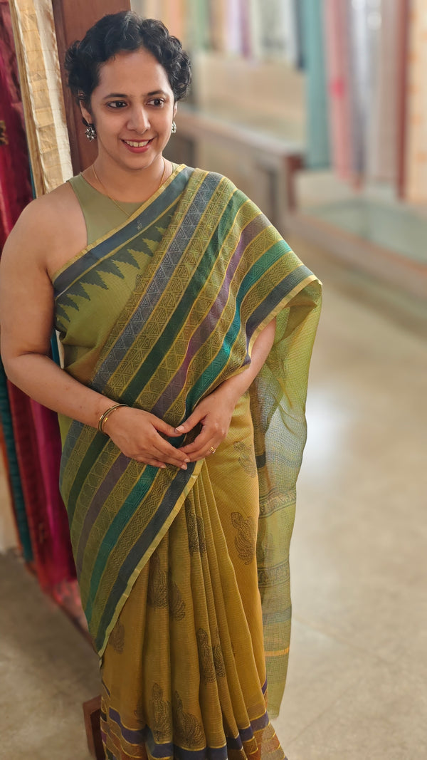 Olive green kota silk saree
