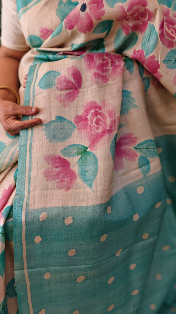 Cream floral painted desi tussar saree