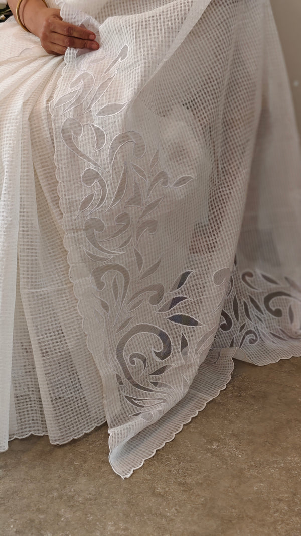 Pearl white organdy applique saree
