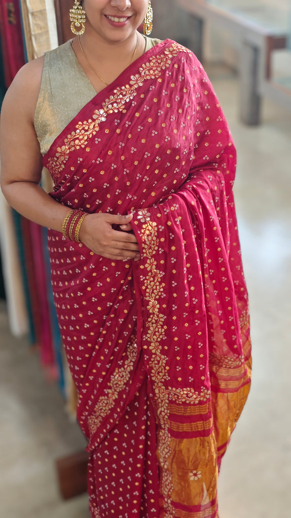 Red semi modal saree with bandini - AWR12