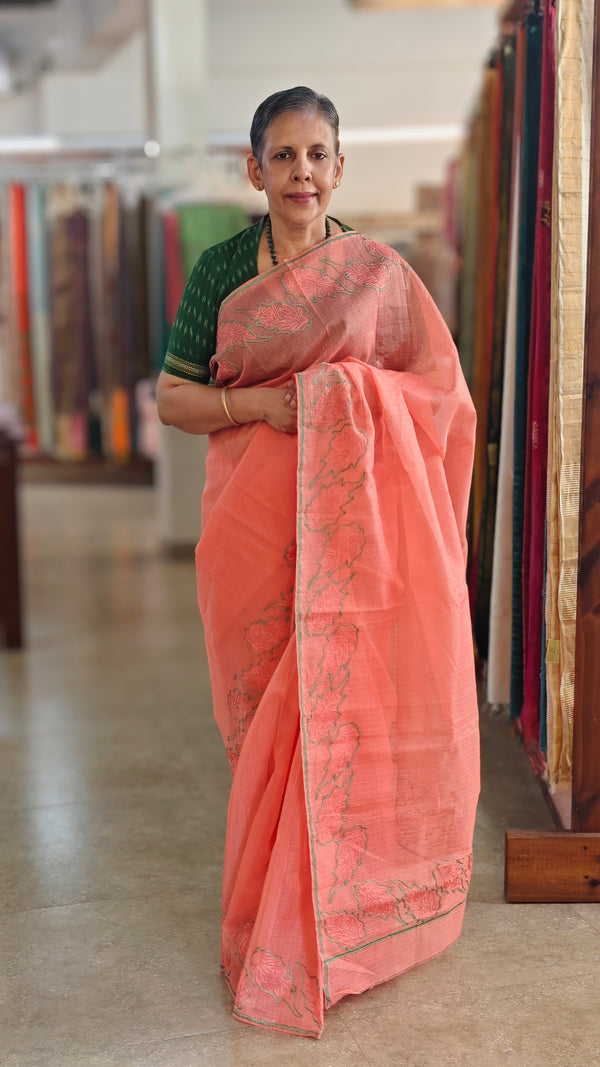 Peach Orange net kota saree