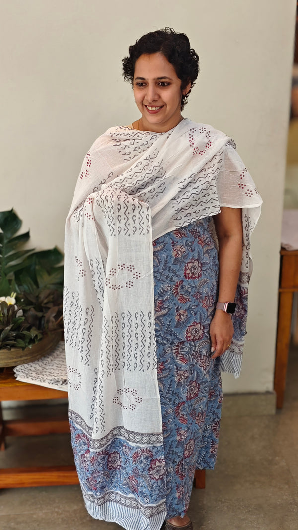 Blue block printed cotton suit