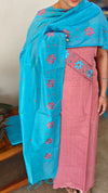 Peach and sky blue semi silk suit