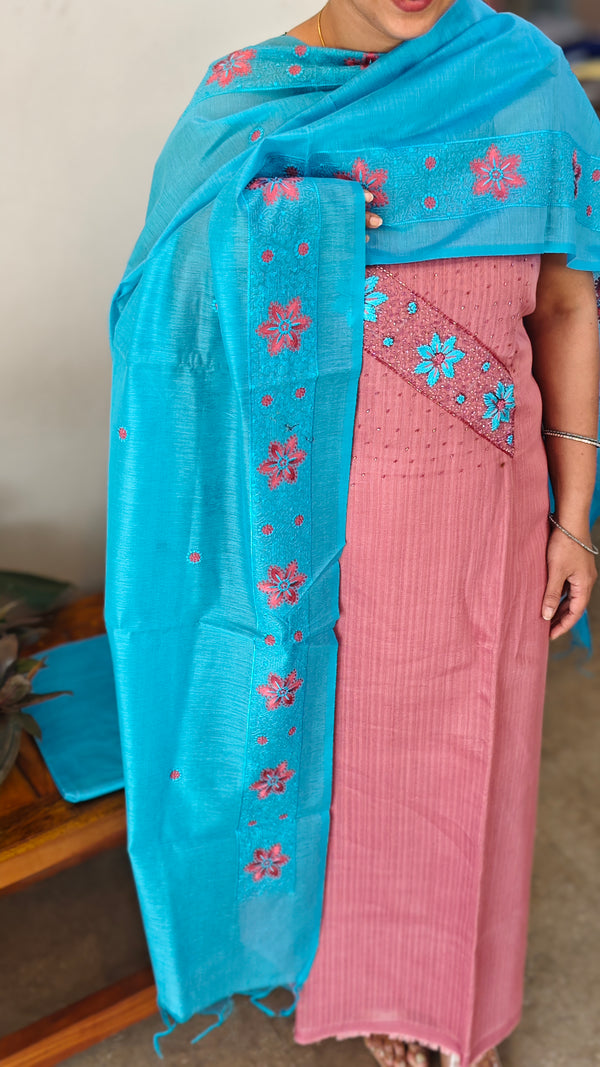 Peach and sky blue semi silk suit