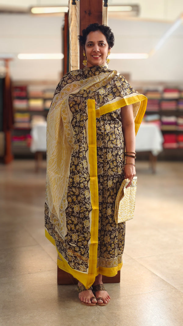 Black and mustard maheshwari suit