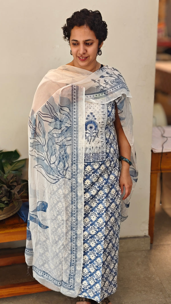 Blue and white printed cotton salwar suit