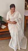 Off white and gold block printed chanderi saree