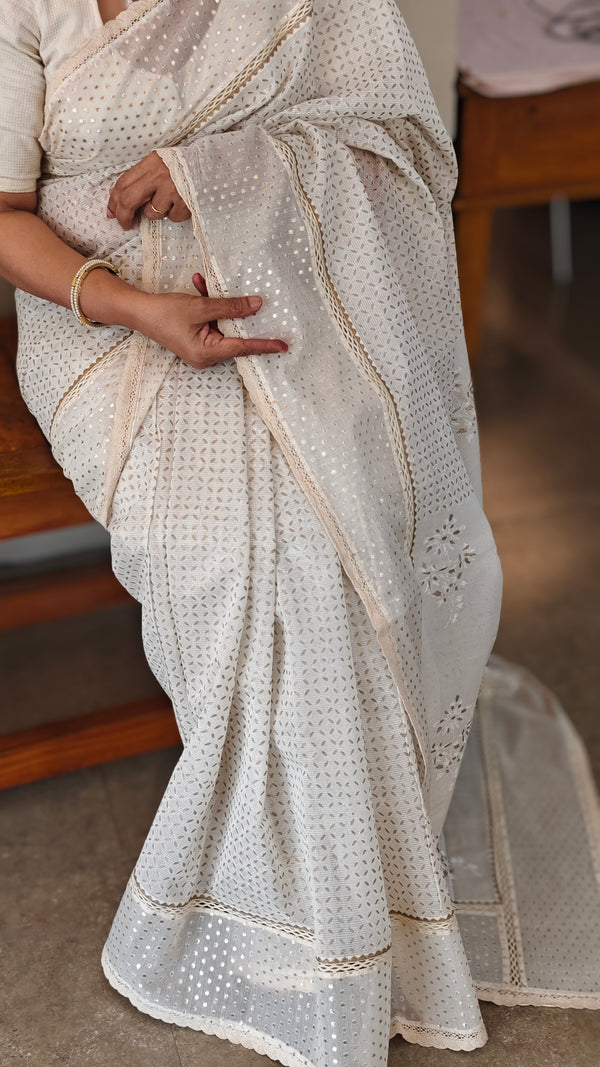 Off white and gold block printed chanderi saree
