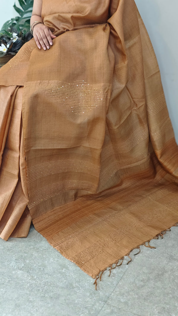 Saddle brown tussar silk saree