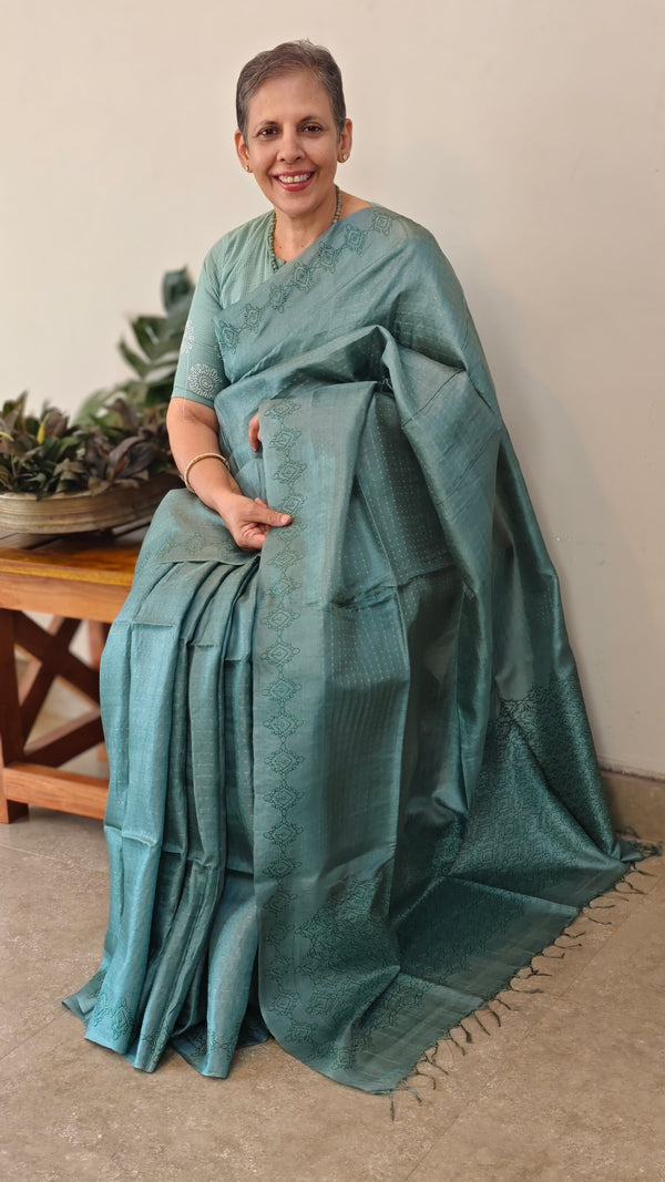 Dark turquoise tussar silk saree
