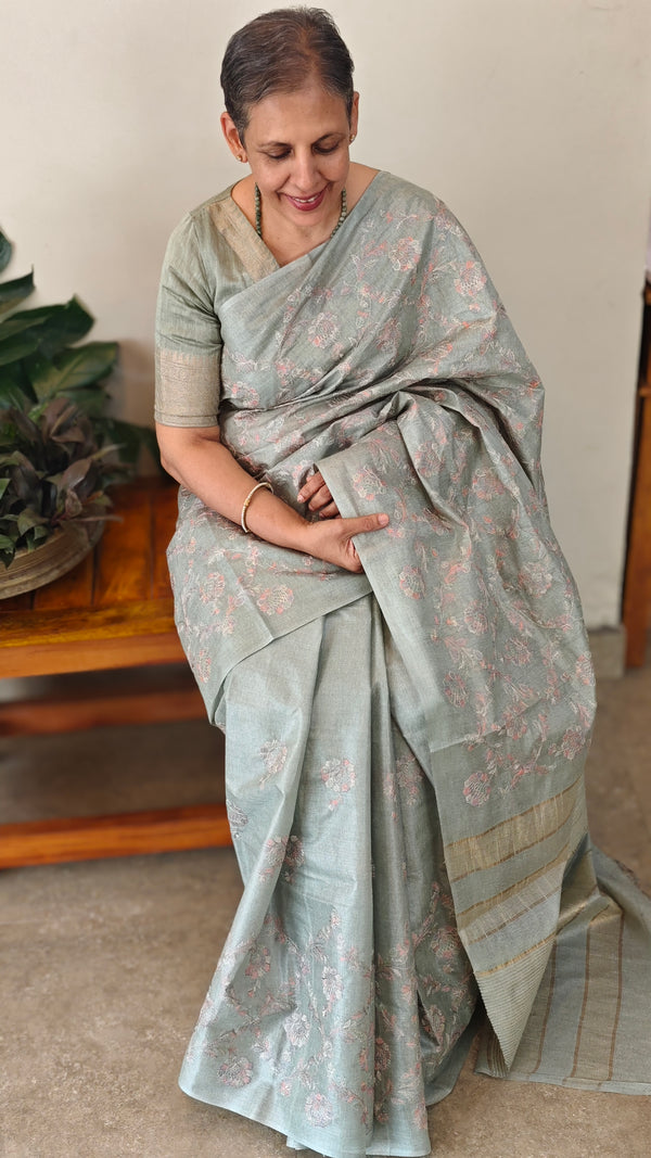 H149 - Teal embroidered tussar silk saree