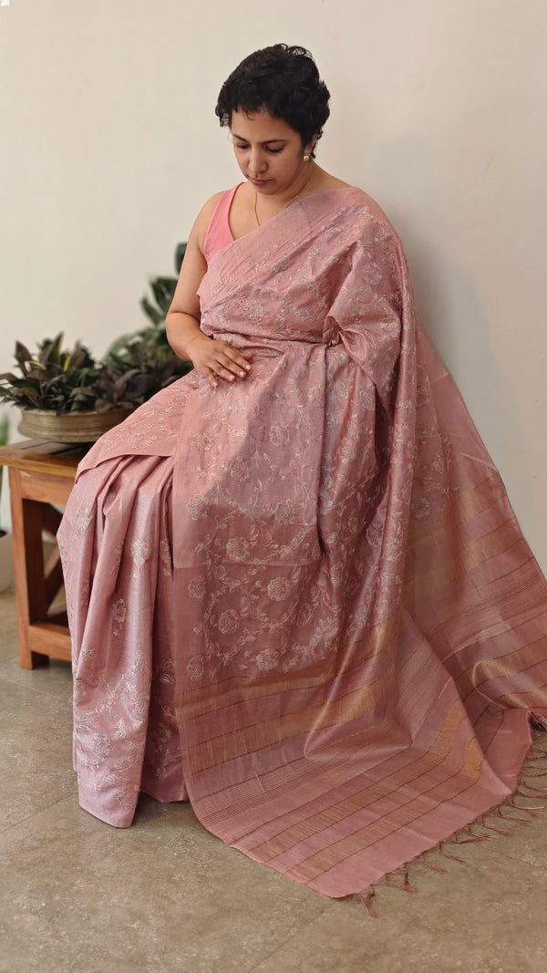 H149 - Dusty mauve embroidered tussar silk saree