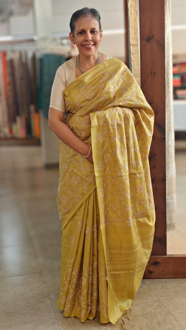 H149 - Lime Green embroidered tussar silk saree