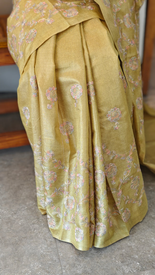 H149 - Lime Green embroidered tussar silk saree