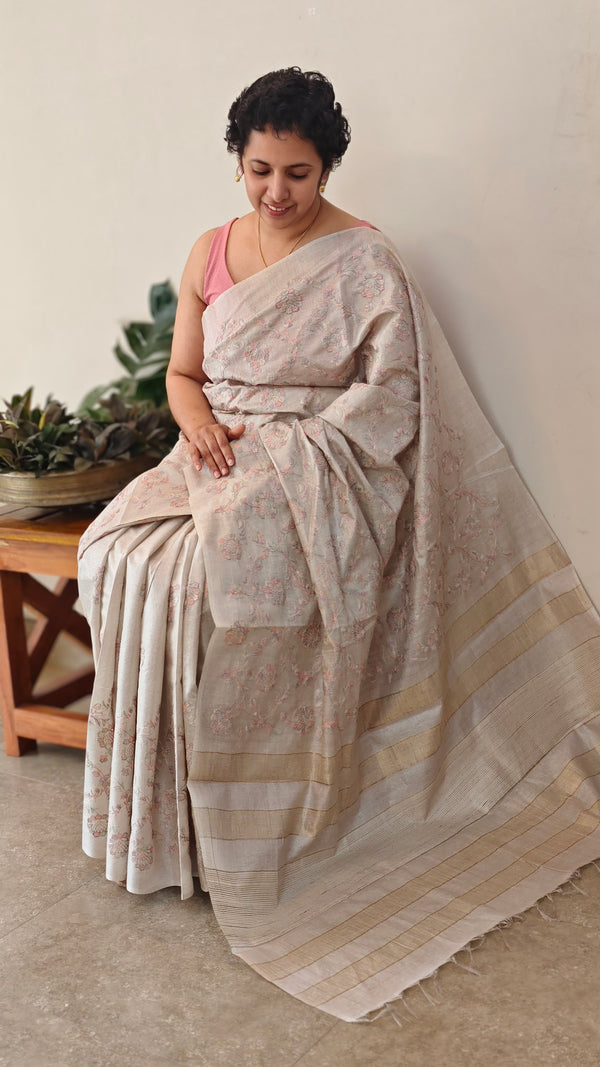 H149 - Smoky grey Embroidered tussar silk saree