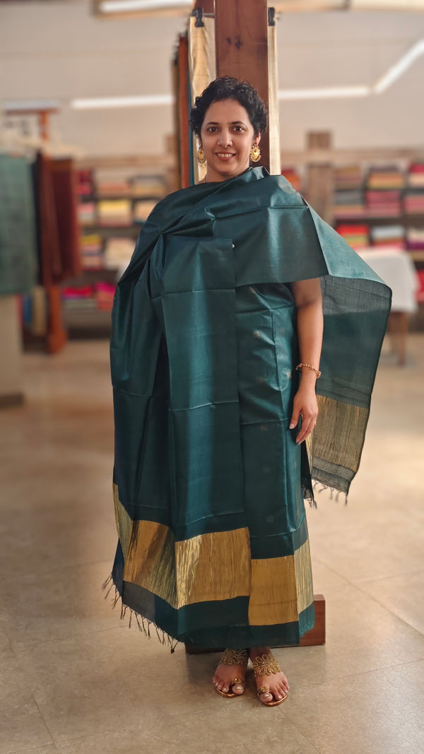 Bottle green tussar silk suit with zari patta - EN08